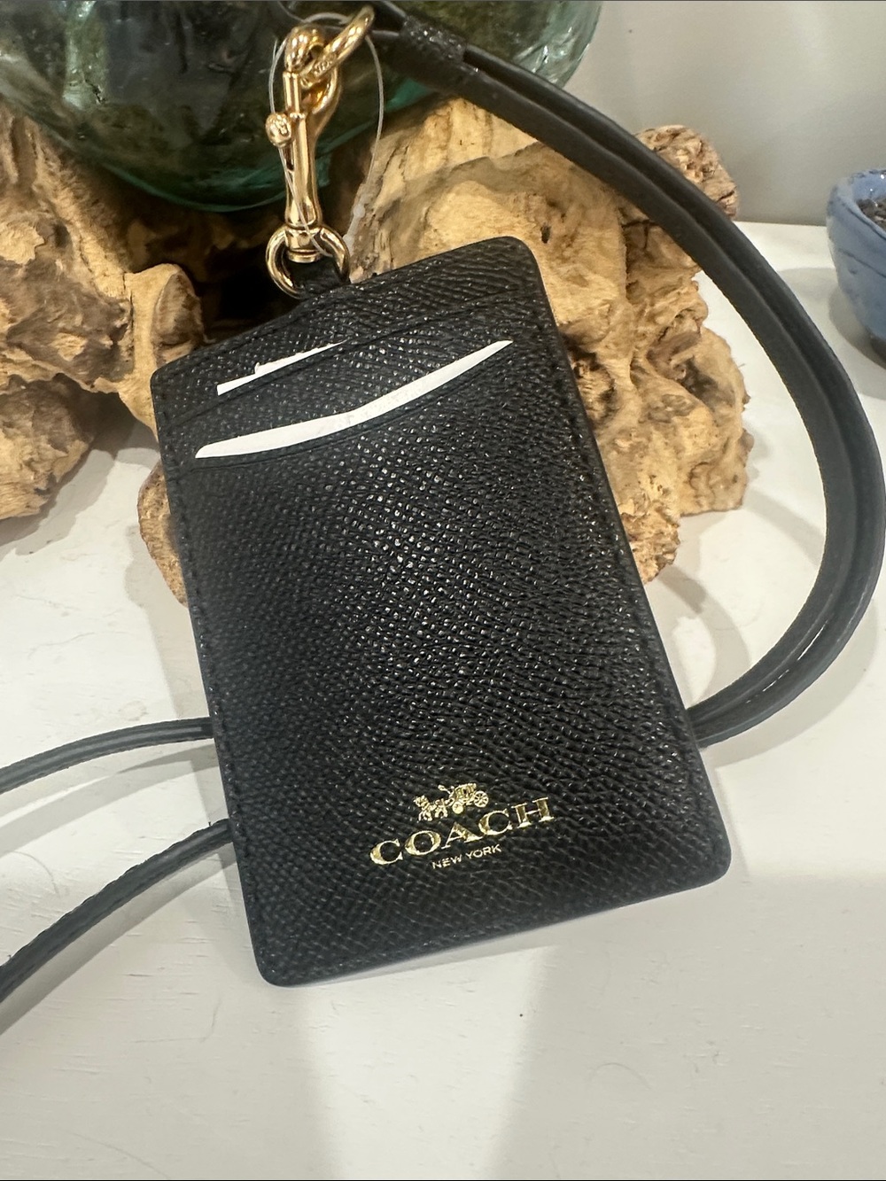 COACH Black Leather Card & Key Holder Lanyard NWOT